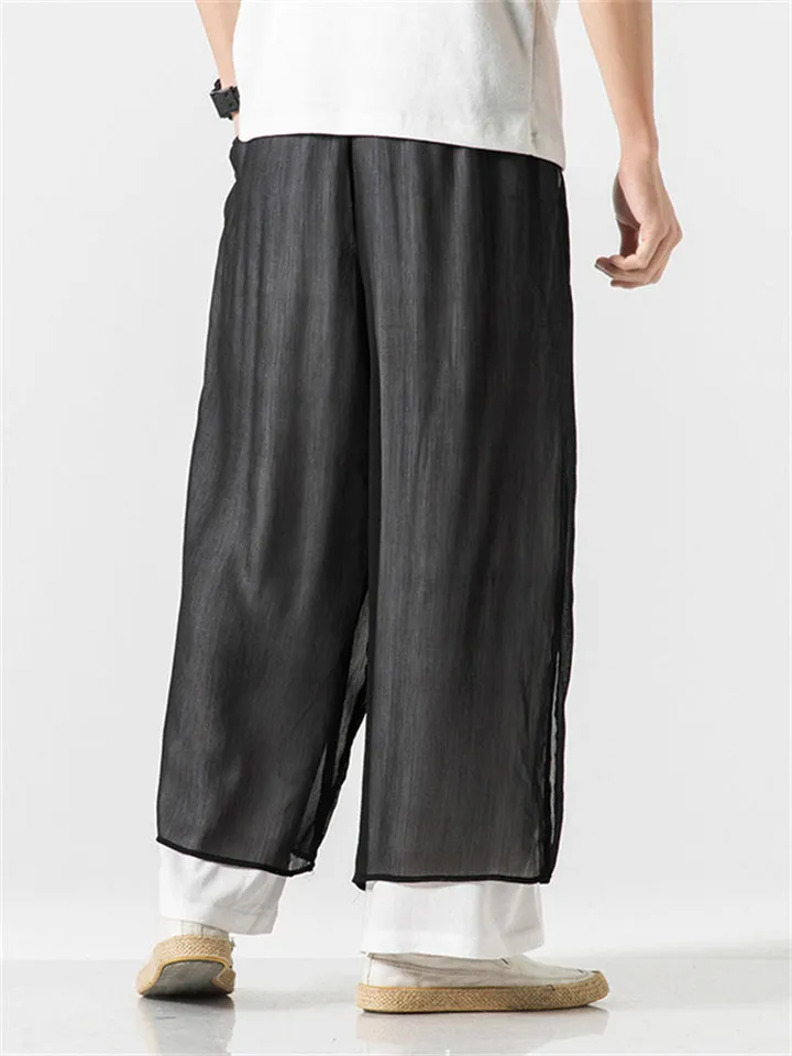 Men's Chinese Style Flowy Double Layer Mesh Cotton Pants